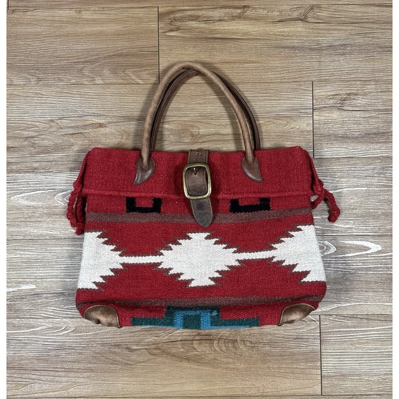 Amerileather Southwest Western Roamer Wool Rug Red‎ Tote Bag Purse Large Leather - Picture 1 of 6